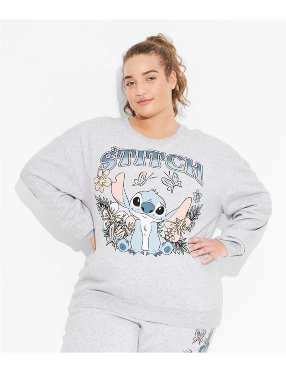 Disney Stitch Sweatshirt - Heather Gray with Pastel Blue and Pink Graphic